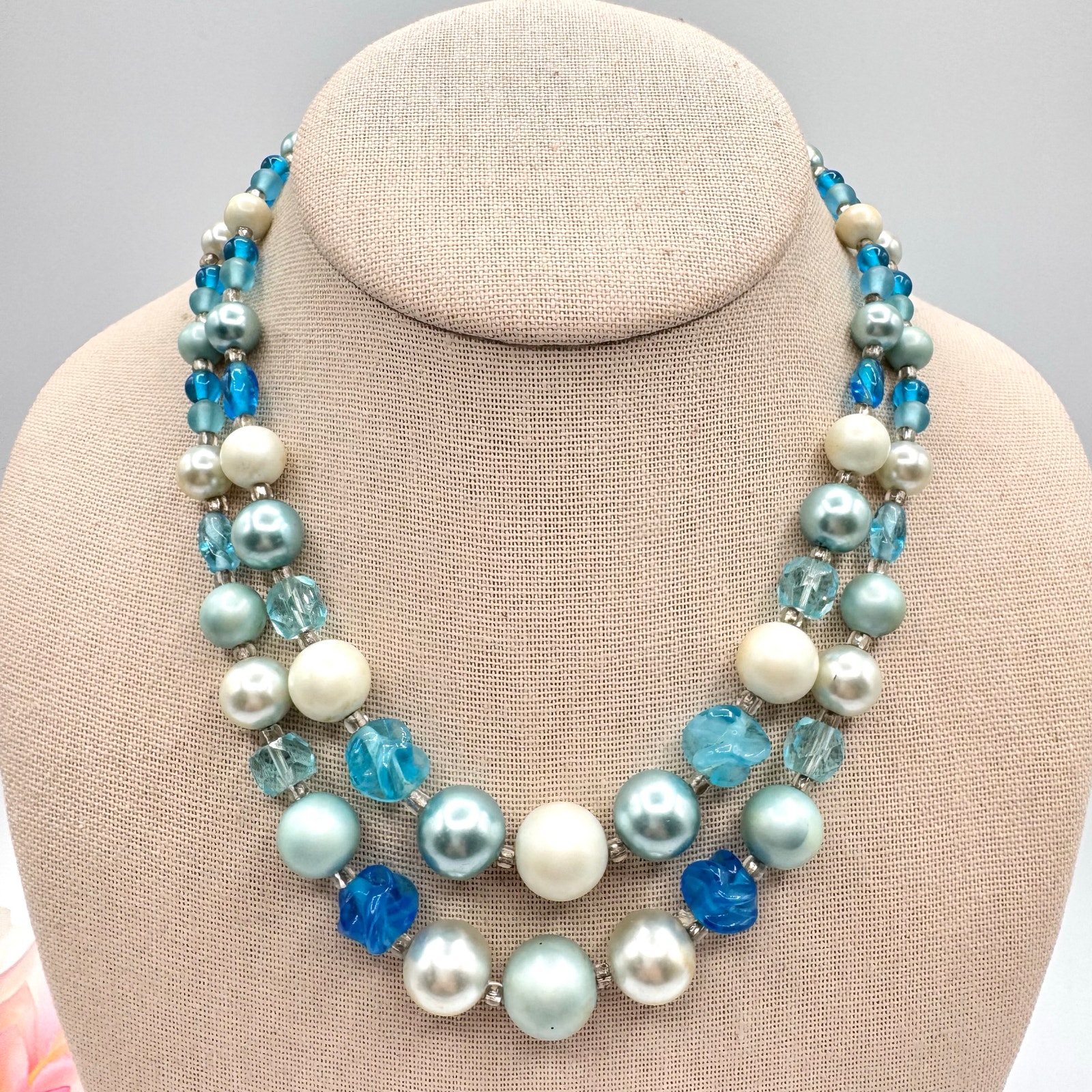 Vintage Japan Double Strand Necklace Blue White Silver Tone Grannycore Signed 15$